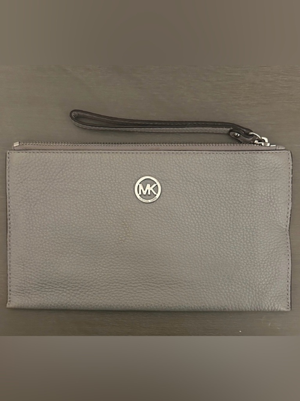 Michael Kors Gray Leather Wristlet MK Logo Zip Clutch Wallet